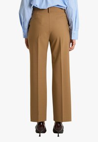 Pantaloni marroni su misura con vestibilità dritta e pince anteriori. Comprendono due tasche posteriori. Indossati con una camicia a righe blu e scarpe con tacco.