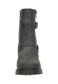 Black ankle boot with smooth synthetic material, dual side zippers, and two adjustable straps with metallic buckles. Thick textured sole.