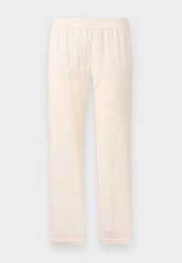 Pantaloni beige chiaro con vita elastica, caratterizzati da un design a gamba dritta e una consistenza liscia, realizzati in tessuto leggero.