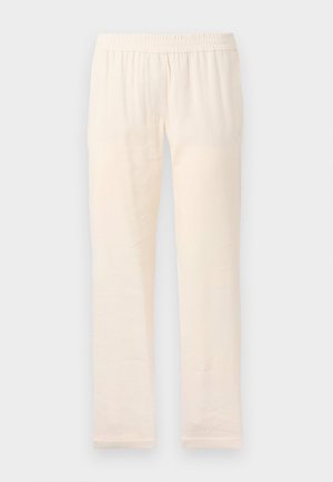 Calças de um bege claro com um cós elástico, apresentando um design de perna reta e textura suave, feitas de um tecido leve.