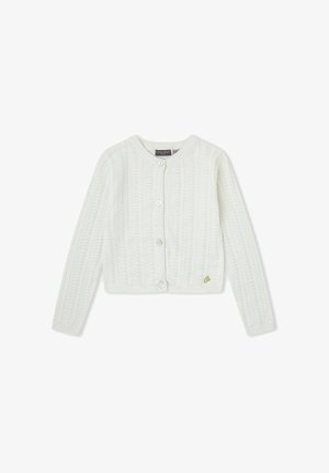 Cardigan blanco de punto con manga larga, cuello redondo, cierre de botones y un sutil patrón vertical, con un pequeño emblema dorado cerca del dobladillo.