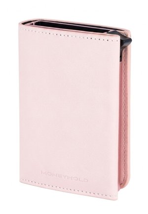 Kompakte, hellrosa Lederbrieftasche mit genähten Kanten, geprägt mit dem "MONEYHOLD"-Logo und einem sichtbaren schwarzen Karten-Auswurftab.