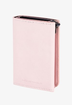Portafoglio compatto in pelle rosa chiaro con bordi cuciti, logo "MONEYHOLD" in rilievo e linguetta nera per l'espulsione delle carte visibile.