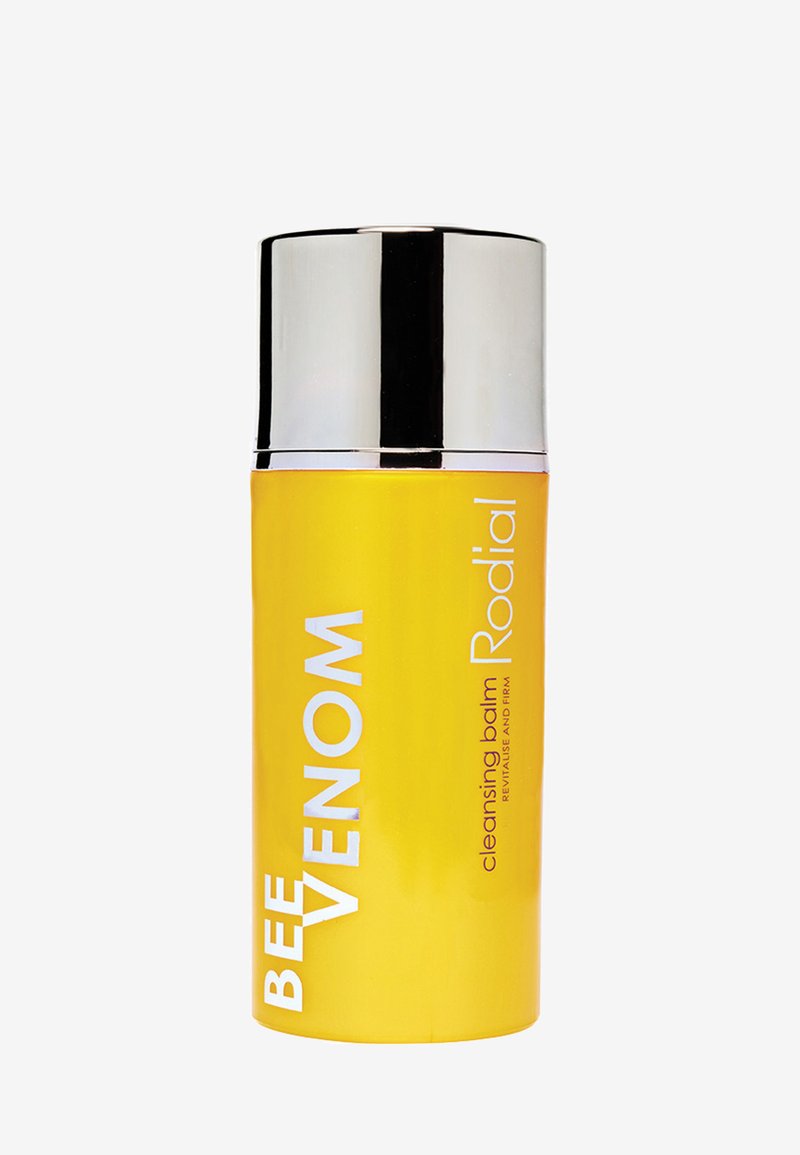 Yellow cylindrical container for cleansing balm with a silver cap, featuring bold white text reading "BEE VENOM" and "Rodial."