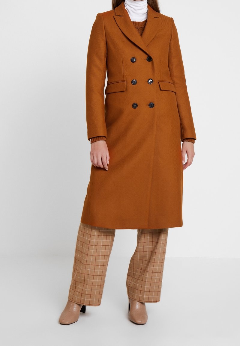 Brown double-breasted coat with black buttons, notched lapels, and side pockets, paired with plaid beige trousers and nude heeled shoes.