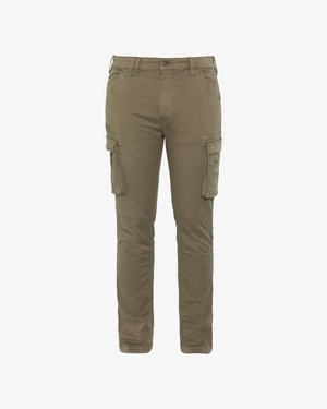 Herre khaki cargo bukser med knaplukning, bæltestropper, forlommer og store sidelommer med flap. Bukserne har lige ben og knæsyninger.