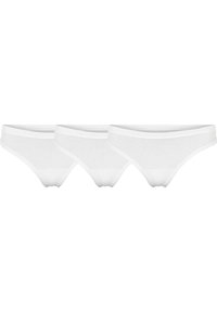 White cotton panties in a three-pack, featuring a low-rise design, smooth texture, and elastic waistband for comfort. No patterns or accents.