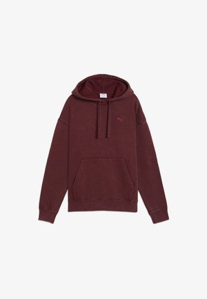 Maroon hooded sweatshirt with front pocket, drawstrings, ribbed cuffs, and small Puma logo on the left chest.