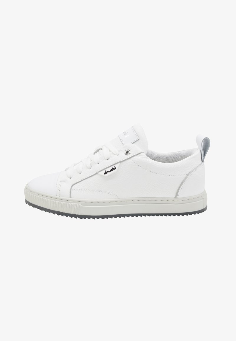 White leather sneakers with a textured finish, lace-up design, gray rubber sole, and a minimalist logo accent on the side and tongue.