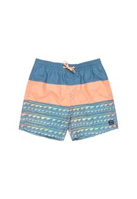 Costumi da bagno da uomo in blu e corallo. Presentano una vita con cordino, un motivo a strisce ondulate in colori pastello e una patch con logo sul lato sinistro.