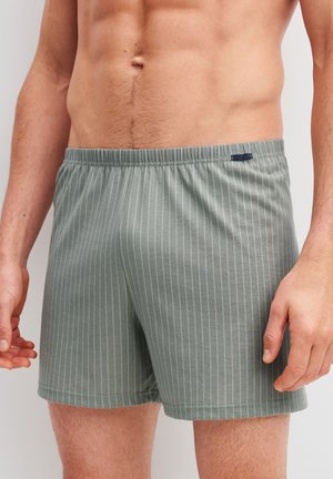Man wearing greenish-gray striped boxer shorts standing with hands relaxed by sides against a neutral background.