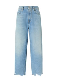 Jeans in denim azzurro chiaro a gamba larga con vita alta, chiusura con bottone, orlo sfilacciato e leggera sfumatura, che mostrano un silhouette rilassata.