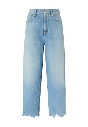 Lichtblauwe denim wijde jeans met een hoge taille, knoopsluiting, rafelige pijpen en subtiele vervaging, die een ontspannen silhouet tonen.