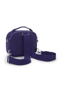 Small rectangular purple crossbody bag with zipper and adjustable shoulder strap on a white background.