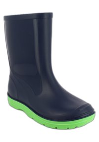Botte de pluie en caoutchouc bleu marine avec une semelle verte, dotée d'un bout arrondi et d'une texture lisse, conçue pour un usage imperméable.