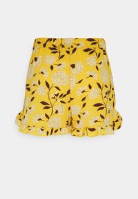 Gele shorts met een bloemenpatroon bestaande uit witte en bruine bloemen. Elastische tailleband, gefronst zoom, ademend materiaal.