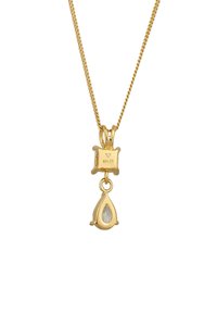 Guld halskæde med et firkantet vedhæng og en tårnformet pendant. Pendanten har en klar ædelsten i en poleret indstilling. 925-stemplet er synligt.