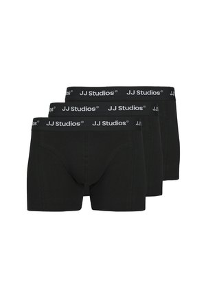 Three pairs of black cotton boxer briefs with elastic JJ Studios logo waistband; smooth texture and fitted design.