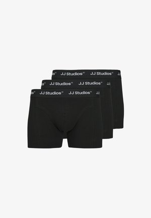Three pairs of black cotton boxer briefs with elastic JJ Studios logo waistband; smooth texture and fitted design.