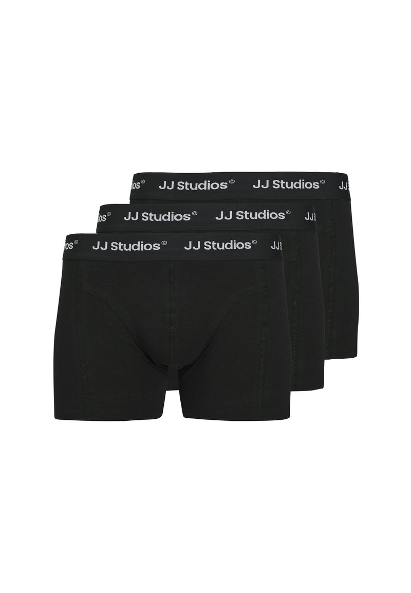 Drei Paare schwarze Baumwoll-Boxershorts mit elastischem JJ Studios-Logo-Bund; glatte Textur und enganliegendes Design.