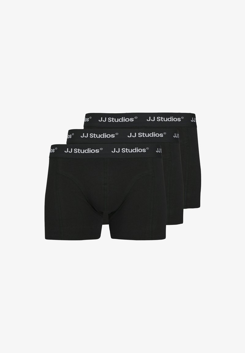 Drei Paare schwarze Baumwoll-Boxershorts mit elastischem JJ Studios-Logo-Bund; glatte Textur und enganliegendes Design.