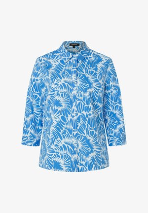 Blau-weißer, blumenmusterter Button-Up-Hemd mit Dreiviertelärmeln, Kragen und einem weichen Stoffgefühl.