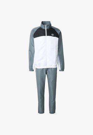 Trainingsanzug mit weißem Oberteil, schwarzen Schulterpartien und grauen unteren Bereichen. Hergestellt aus glattem, leichtem Stoff mit Reißverschluss.