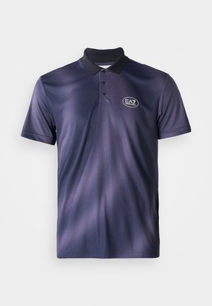 Navy polo shirt with a gradient design, short sleeves, two-button placket, and a round EA7 logo on the left chest. Smooth texture.