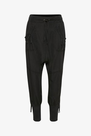 Mustad muste joggers kerged kerge kangast, mis on varustatud elastse vöökoha, nööriga ja kahe kül pockets with gathered cuffs.