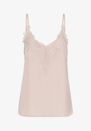 Svetloružová košieľka s tenkými nastaviteľnými ramienkami a zložitým čipkovaným zdobením pozdĺž výstrihu do V a hornej časti hrudníka.