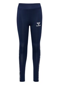 Marina atletiska leggings gjorda av stretchmaterial med ett blommönster på sidan, med en logo synlig vid midjan.