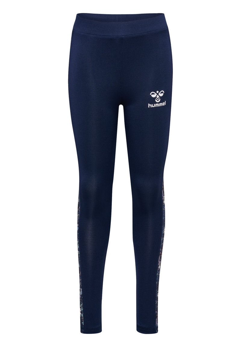 Marina atletiska leggings gjorda av stretchmaterial med ett blommönster på sidan, med en logo synlig vid midjan.