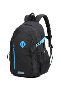 Zaino nero con accenti blu, realizzato in nylon texture. Presenta un ampio scomparto principale, molteplici tasche con zip e spallacci regolabili.