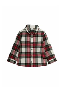 Camicia a quadri in rosso, verde e bianco con colletto, maniche lunghe e bottoni. Tessuto morbido con motivo a scacchi e taschino sul petto.