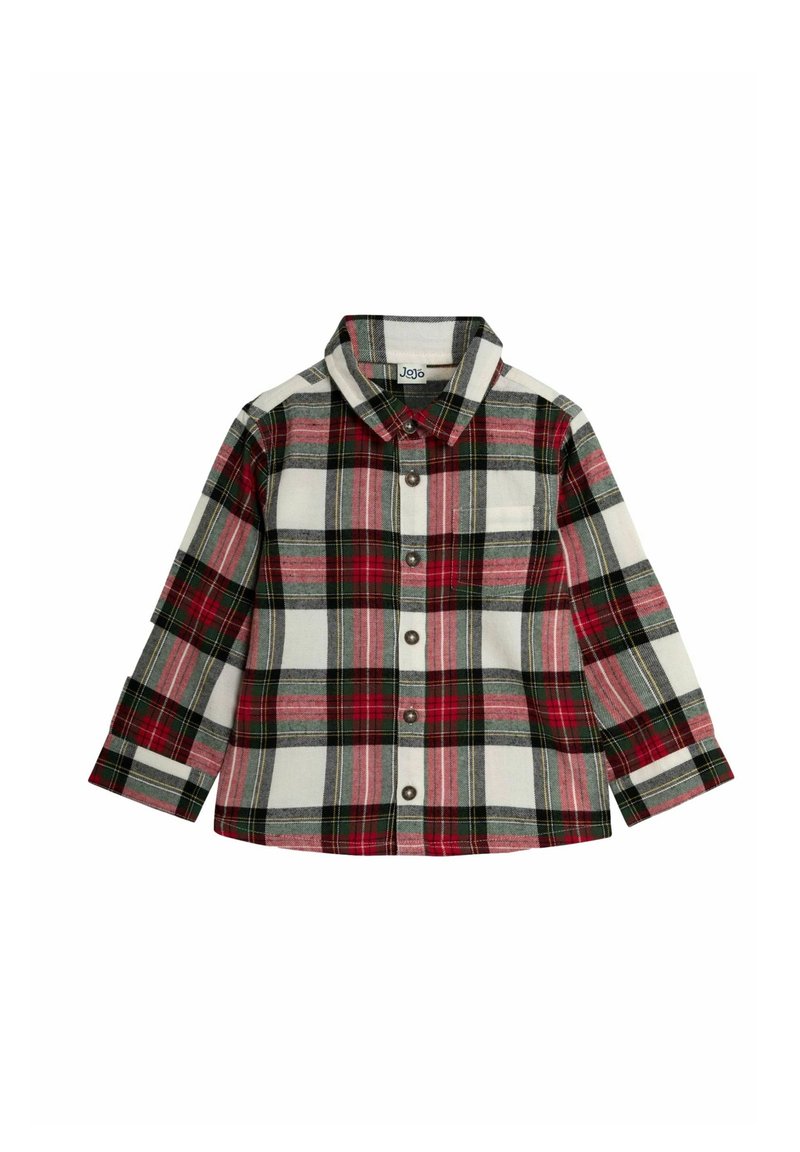 Camicia a quadri in rosso, verde e bianco con colletto, maniche lunghe e bottoni. Tessuto morbido con motivo a scacchi e taschino sul petto.