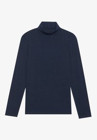 Top din material moale, de culoare bleumarin, cu guler înalt și mâneci lungi, având un design ajustat și o siluetă simplă, elegantă.