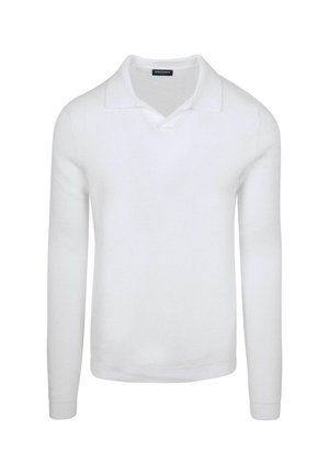 Weißer Langarmstrickpullover mit weichem Kragen und gerippten Bündchen, entworfen für einen figurbetonten, lässigen Stil.