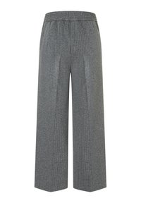 Grijze wijde broek met krijtstreep, een elastische tailleband en een gestructureerde stof, met verticale lijnen voor een verzorgde uitstraling.