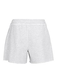 Szare bawełniane szorty z elastycznym pasem, postrzępionym dołem i bocznymi kieszeniami. Miękka tekstura i swobodny krój.