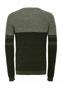 Pull en maille de couleur vert foncé et gris. Il présente un col rond, des manches longues et des blocs de couleur horizontaux avec un tissu texturé.