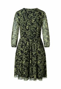 Zwarte jurk met groen bloemenpatroon, lange doorschijnende mouwen, elastische taille en uitlopende rok. Ontworpen voor een comfortabele pasvorm.