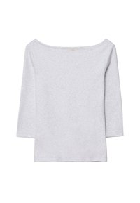 Light grey women's long-sleeve top with a wide boat neckline and a straight hem, displayed flat on a white background.