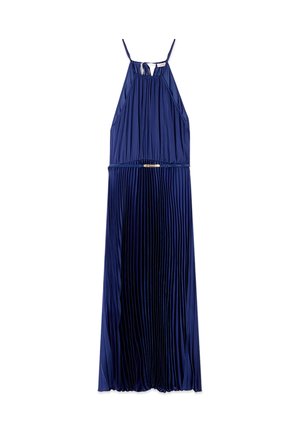 Navyblauwe mouwloze maxi-jurk met dunne bandjes, geplooide rok, geraapte top en een smalle tailleband met een kleine metalen gesp.