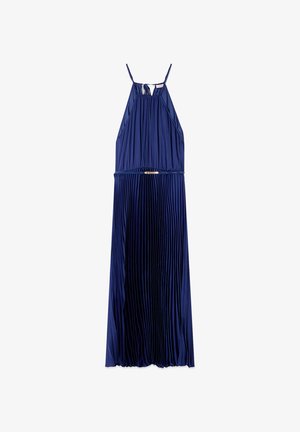 Navyblauwe mouwloze maxi-jurk met dunne bandjes, geplooide rok, geraapte top en een smalle tailleband met een kleine metalen gesp.