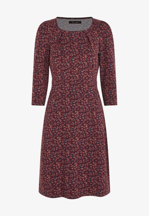 Robe mi-longue à manches trois-quarts, taille cintrée, motif abstrait de feuilles bordeaux et bleu marine, et encolure ronde.