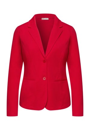 Blazer rouge ajusté avec col à revers, deux boutons, manches longues, et deux poches avant, conçu pour femmes par Street One.