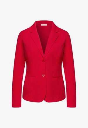 Blazer rouge ajusté avec col à revers, deux boutons, manches longues, et deux poches avant, conçu pour femmes par Street One.