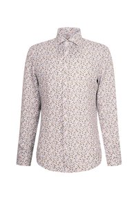Lange mouwenshirt van lichte stof met een witte achtergrond, voorzien van een bloemmotief in blauw, bruin en groene tinten, en een klassieke kraag.