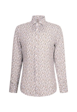 Koszula z długim rękawem w lekkim materiale na białym tle, z kwiatowym wzorem w odcieniach niebieskiego, brązowego i zielonego oraz klasycznym kołnierzykiem.