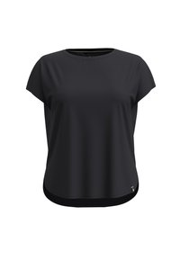Sort kortærmet t-shirt med rund hals og en let buet søm. Fremstillet af glat stof, med en diskret mærkeaccent i bunden.